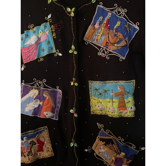 BEREK 2 Takako Sakon Angels Nativity Bejeweled Sequined Black Sweater Vintage L - Picture 4 of 12